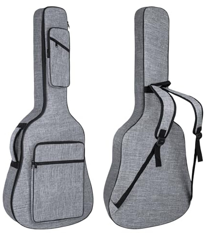 Muscab Gitarrentasche für Akustikgitarre (99 - 101,6 - 104,4 cm) - dick gepolsterte Gitarrentasche mit Nackenstütze und Tasche, grau, modisch