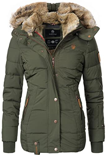 MARIKOO Damen Winterjacke warme Steppjacke mit Kunstfell Innenfutter Nekoo Grün Gr. 3XL
