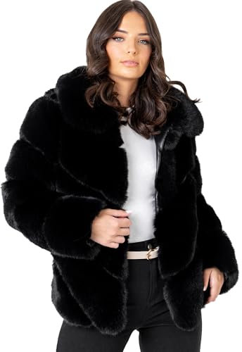 Lovedrobe Women's Faux Fur Coat Ladies Jacket Long Sleeve Collared Faux Leather Side Pockets Autumn Winter Outerwear, Noir 42