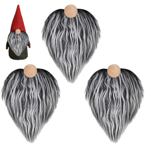 Weihnachten Wichtel Bart, 3 Stück Kunstpelz Stoff Plüsch Wichtel Bart und Holzkugeln Set, Vorgeschnittener Wichtel Figuren Bart, Weihnachten Wichtel Zubehör, für Weihnachten Deko DIY Basteln (Grau)