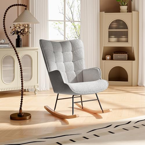 BPKADHY Schaukelstuhl Schaukelsessel,Teddystoff Sessel Wohnzimmer,Gepolsterter Stillsessel Relaxstuhl Sessel Zum Stillen,Schwingsessel mit Holzkufen für Schlafzimmer Balkon Kinderzimmer,Hellgrau