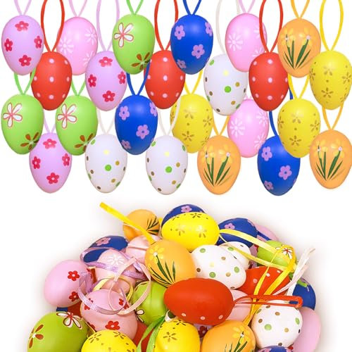 KEELYY 24X Ostereier zum Aufhängen, Osterdeko Eier aus Kunststoff, Plastikeier Bunt mit Band, Deko Ostereier zum aufhängen draußen innen, Handbemalte Osterdeko mit tollen Mustern, 4 x 3cm