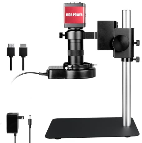 NICE-POWER Microscope numérique, 13 MP 1080p HDMI VGA caméra vidéo industrielle, objectif zoom 130x, support pliable, anneau lumineux LED, microscope à souder (rouge)