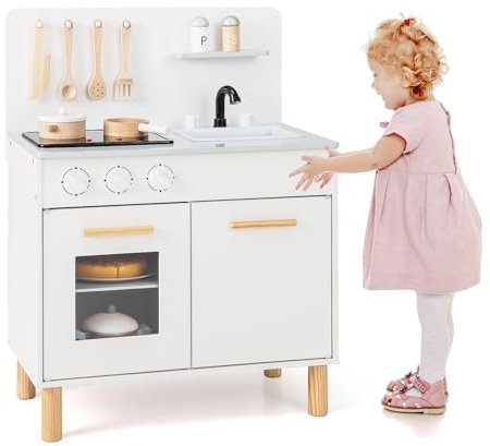 HOMASIS Cucina per Bambini in Legno, Set da Cucina con Luce e Suono, Cucina Giocattolo per Bambini con Fornello, Lavello, Scaffali, Forno, Cucinetta per Bambini di 3+ Anni (Bianco)