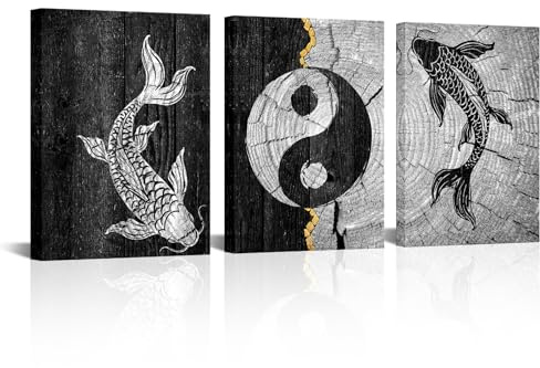 Biuteawal 3-teiliges Yin-Yang-Symbol, Wandkunst, Schwarz-Weiß, Koi-Fisch, Bild, traditionelle chinesische Kultur, Kunstdrucke, Malerei, Retro-Kunstwerk, Heimbüro, Badezimmer-Dekor