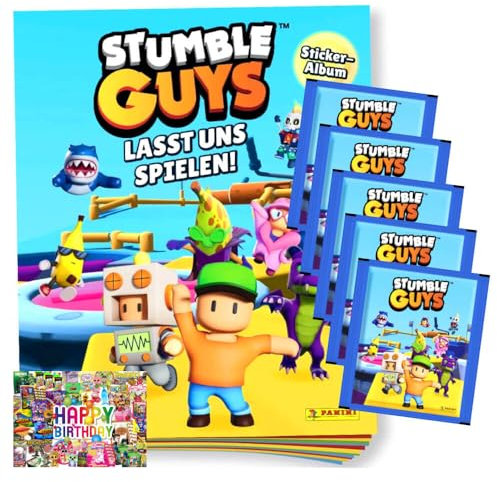 Bundle mit Panini Stumble Guys Sticker (2025) - Lasst uns spielen! Sammelsticker - 1 Album + 5 Tüten + Exklusive Geburtstagskarte