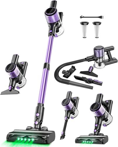 SUXIANGVAC 45KPa/500W Aspiradora sin Cable, Potente hasta 45 Mins con Smart Screen, 1.5L y Manguera Extensible, con Smart Screen y Cepillo Antienredos, Alfombra Pelo Mascota Suelo(Violeta)