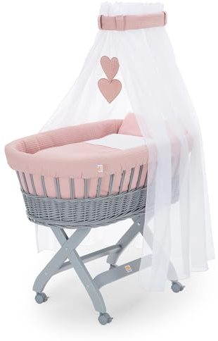 FabiMax Stubenwagen Grau Komplettset mit Matratze, Musselin-Schlafsack oder Bettwäsche, Himmel & Weidenkorb (Decke/Kissen, Rosa)