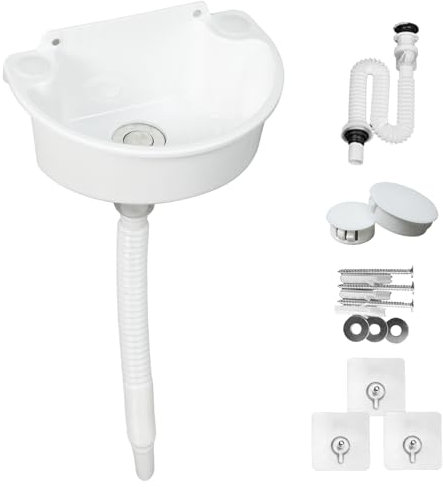 Ausgussbecken, Waschbecken aus Kunststoff Einfach, mit Schlauch und Ablaufgarnitur, für Garage, Keller, Werkstatt, Waschküche, Waschtisch, Küche, Außenwaschbecken, Gartenwaschbecken (Weiß)