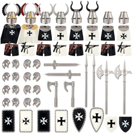 LootPop Mini Ritter Figuren Rüstungs Zubehör, Römischer Krankenhausritter, Deutscher Kreuzritter, Bausteinset, Historisches Kriegerpaket für Minifiguren, Kompatibel (56 Teile)