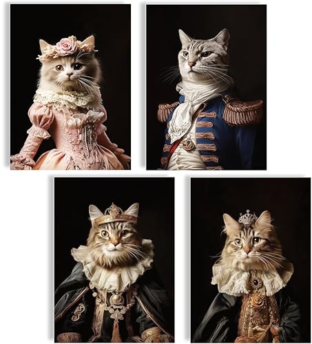 mojoliving Katzen Poster Set 4er Set Wandbilder royale Tiere Vintage Stil A4 Kunstdrucke humorvoll elegant Wanddeko Wohnzimmer Büro Café Tier Portrait Art Prints