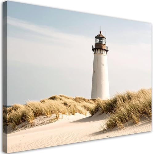 Feeby Leinwand Bilder - Bild Wohnzimmer - Leuchtturm Meer Pflanzen Dünen - 60x40 1tlg - Deko Schlafzimmer Groß - Dekoration Canvas - Gemälde - Modern Wandbilder - Kunstdruck