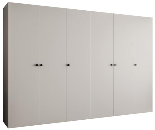 MEBLE KRYSPOL - Kleiderschrank - Garderobenschrank - 300 cm x 202 x 52 cm - Schrank mit Kleiderstange, 6 Türen - für Schlafzimmer, Flur - Parma, Kaschmir, Griff Schwarz
