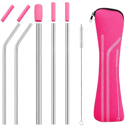 KinetiCore 5 Pack Reusable Metal Drinking Straws Set, Pink Food Grade Stainless Steel Straws with Silicone Tips, Cleaning Brush & Carry Bag, for Smoothie Boba Bubble Tea Hot Cold Drinks