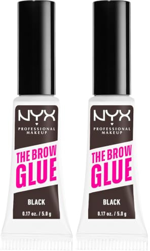 NYX Professional Makeup Brow Gel, The Brow Glue, Tinted Eye Brow Gel, Instant Brow Styler for Laminated Brow Look with 24 Hour Extreme Hold, Non-Sticky, Black (Pack of 2)