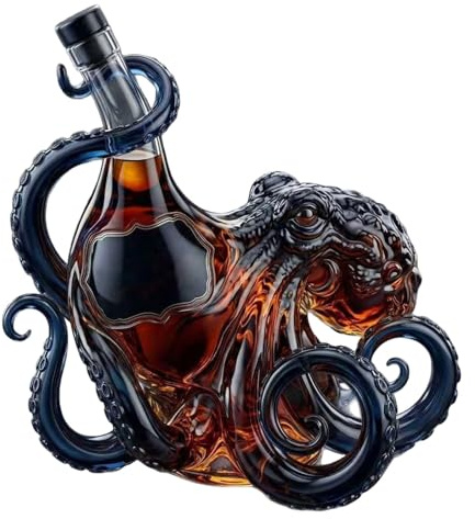 Octopus Wine Bottle, 3D Artistic Glass Decanter Nautical Decor with Dark Tentacles, for Whiskey Wine Soda 350ml Ocean Themed Bar Gift