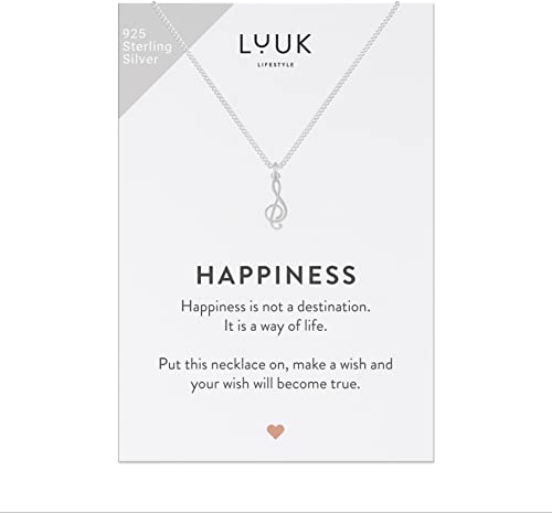 LUUK LIFESTYLE Collier avec pendentif clé musicale et carte cadeau HAPPINESS, idée cadeau pour musicienne, 50cm, argent