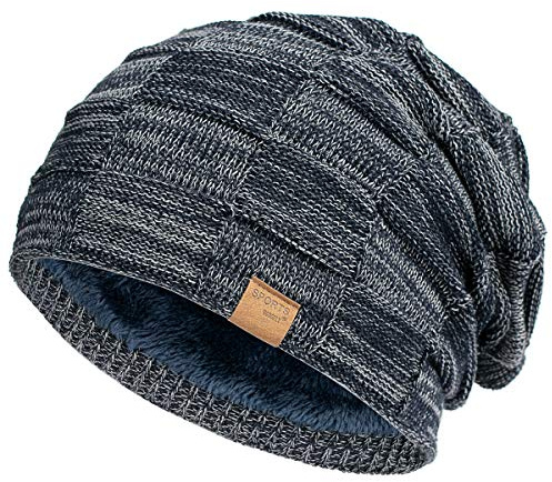Vgogfly Slouchy Beanie für Herren, Wintermützen für Jungs, coole Beanies, Herren, gefüttert, gestrickt, warm, dick, Totenkopfstrumpf, Binie-Mütze, navy, Einheitsgröße
