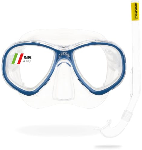 Cressi Perla Jr Snorkelling & Apnea Combo Set - Conjunto Máscara Perla Jr + Tubo Minigringo, Transparente/Azul, Talla Única, Junior Unisex