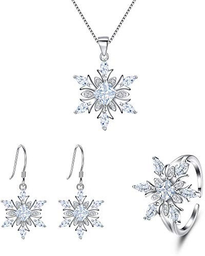 EVER FAITH Schneeflocke Schmuckset 925 Sterling Silber Klar CZ Winter Schnee Anhänger Halskette Haken Ohrringe Einstellbar Ring Set