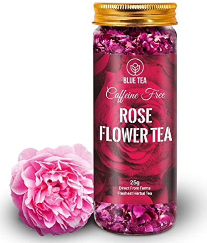 BLUE TEA - Rose Tea - 25 Gram | FARM PACKED | Grade A - Natural Sun Dried Rose Flower Petals | Caffeine Free Herbal Tea - Recycled Food Grade Pet Jar |