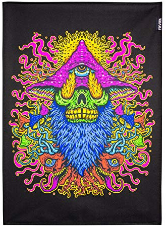 PSYWORK Schwarzlicht Stoffposter Neon | Mushroom Earth Troll | 0,5 x 0,7m | UV-aktiv | fluoreszierend | Wandbehang Stoffbanner Poster Wandbild Kunstdruck Dekobild Dekoration Wandteppich