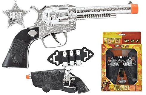 Wild West Cowboy Sheriff Twin Gun Dress Up Set Komplett mit Holster Gürtel mit Zwei Spielzeugpistolen, Bällen und Abzeichen, Kinder Pretend Rollenspiel Verkleidung Spielset (10 Stück Wilder Westen