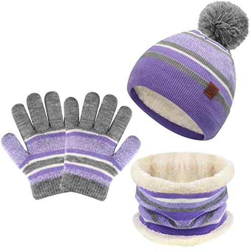 Bequemer Laden Kinder Baby Wintermütze Gestreifte Pompon Beanie Mütze und Schal Handschuhe Strickset für Jungen Mädchen mit Thermal Fleece Futter,Lila,Einheitsgröße