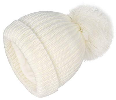 LANGZHEN Winter Warm Gestrickte Baby Hüte für Mädchen Pom Pom Kind Kleinkind Jungen Beanies Cap mit Fleece Futter (große Pom Pom Weiß, 46-48CM)
