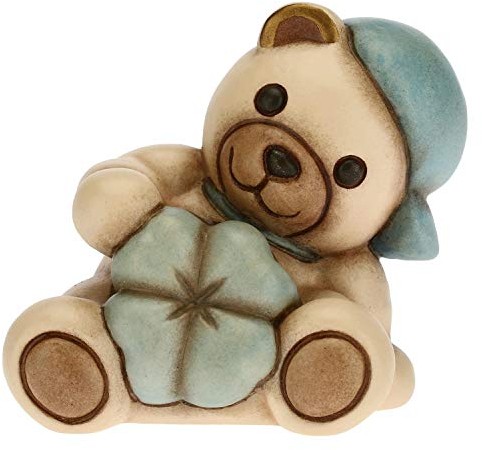 THUN - Bomboniera Teddy con Quadrifoglio Portafortuna Blu - Nascita Bambino - Linea Bomboniere - Ceramica - 6 x 4,2 x 5,5 h cm