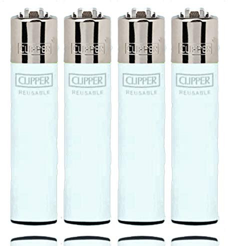 Clipper Original Lighter Feuerzeug Uni Solid Branded Reusable Special Edition Sets + 1 x Flints + 1 x All u Need Schlüsselanhänger Flaschenöffner (4 x White)