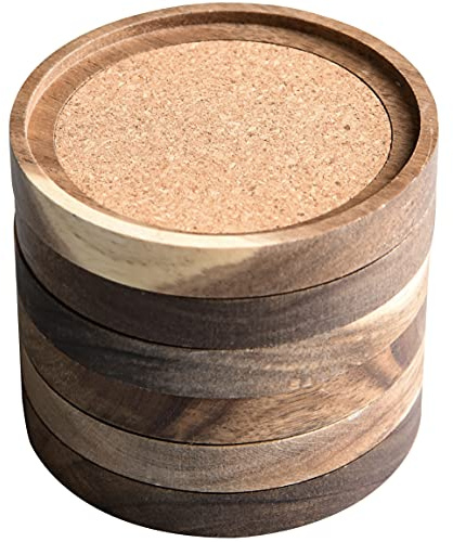 Untersetzer aus Akazienholz für Getränke, 6er-Set, saugfähige und isolierende Korkuntersetzer, stapelbare Untersetzer, rustikale Untersetzer für Holztisch, Design von S1EGAN (Ø 10,5 cm)
