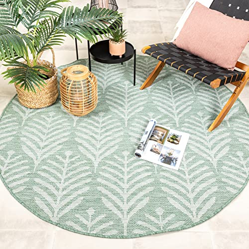 FRAAI | Home & Living In- & Outdoor Teppich Rund - Summer Leaves Grün - Wetterfest - Polypropylen - Flachgewebe - Wohnzimmer, Flur - Terrasse - Rug
