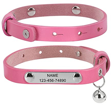 ACBungji Katzenhalsband mit Gravur Namen Telefonnummer Glöckchen Hundehalsband Echtleder Halsband Personalisierte ID Halsbänder für Hunde Katzen, Verstellbare Größe 20-26cm(Rosa)