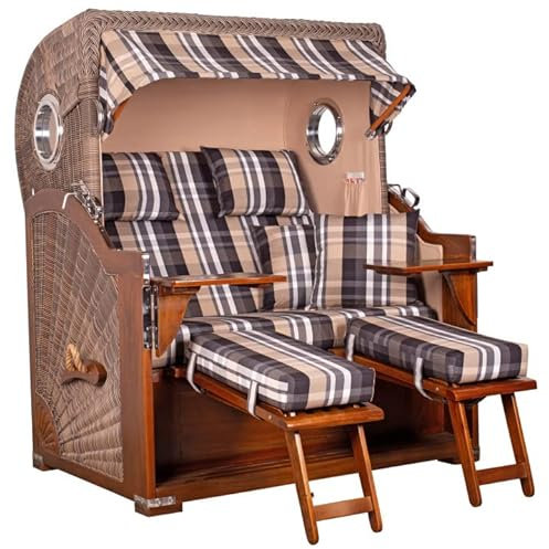 Strandkorb Baltikum Mahagoniholz XL Volllieger Strandstuhl PE Geflecht Grey MAHAGONI Bullauge anthrazit inkl. 4 Kissen - Wechselpolster - Strandkörbe Garten, Wintergarten, Terrasse (Dessin 583)