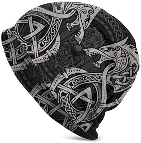 AHTCPO Wikinger Mützen Hut für Männer, Norse Myth Odin's Thor Hammer Dragon Fenrir Wolf Knit Hat, Unisex Vintage Street Casual Kopfbedeckungen,Viking hat 3,59cm