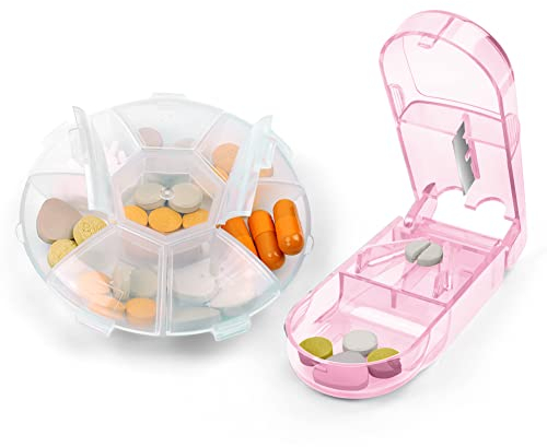 AOOWU Tablettenteiler, Pillenteiler, Medikamententeiler für Kleine und Große Tabletten, Pillenschneider mit 1 Stück Tablettenbox7 Tage Morgens Abends, für Medizin in ein Halbes Viertel Schneiden(Rosa)