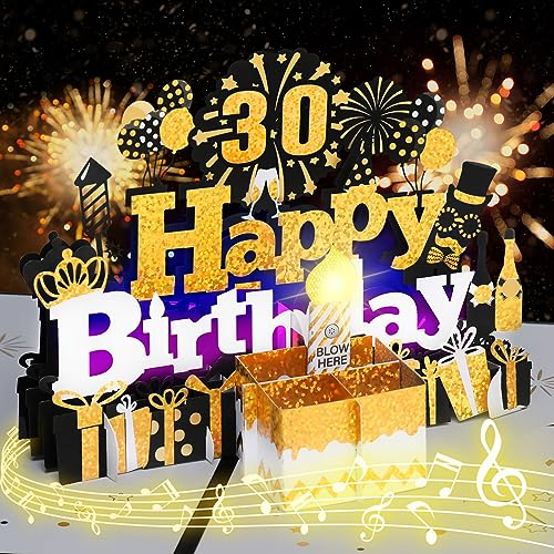 Geburtstagskarte, 30. Geburtstagskarten mit Musik und Lichtern, ausblasbare 3D-Pop-Up-Karte, Geburtstagsmusik abspielen, LED-Kerzen ausblasen und alles Gute zum Geburtstag sagen – Schwarzgold