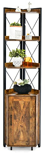 GOPLUS Eck-Bücherregal, 180cm hoch Eckregal mit 4 Ebenen, Standregal mit Schrank, Aufbewahrungsregal für Wohnzimmer & Arbeitszimmer (Rustikales Braun)