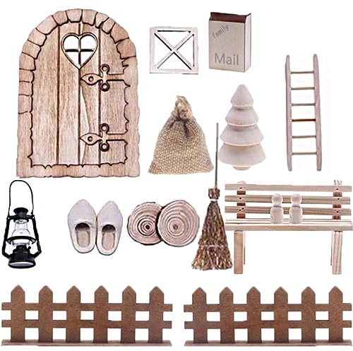 17 Stück Miniatur Wichteltür Zubehör Delmkin Garten Feentür aus Hölz Wichtel Zubehör mit Bank Weihnachtsdeko für Kinder Geschenke
