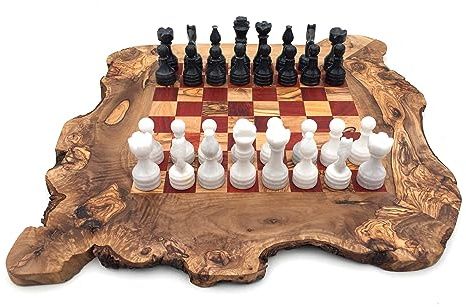 Schachbrett rustikal Größe wählbar L/XL inklusive 32 Schachfiguren aus Marmor Schachspiel handgefemacht Olivenholz Holz (L)