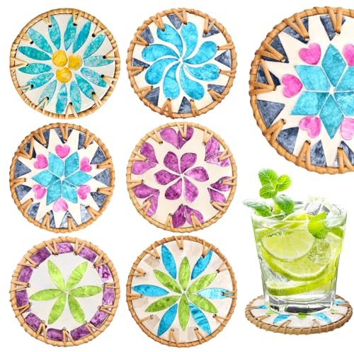 SNAIL GARDEN 6 Stück Getränke-Untersetzer-Set, bunte Muschel-Untersetzer, Tassenuntersetzer, handgemachte gewebte Untersetzer für verschiedene Tassen, Schutz für den Tisch, Geschenke zur Einweihung