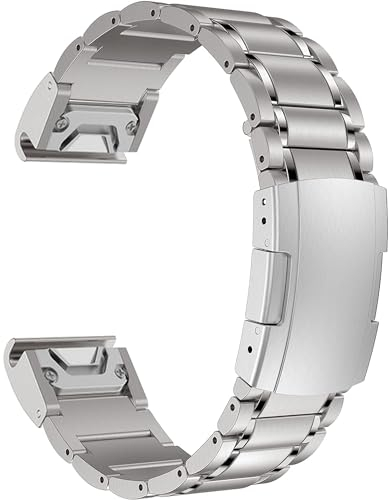 MaKTech Bande de Titane,Bracelet en Métal à Maillons en Cinq Pièces de 22mm avec Boucle Tortue,pour Garmin Fenix 8 47mm/E 47mm/7/6,Instinct 2 (Argent)
