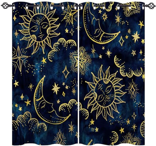 ANHOPE Astrology Curtains Eyelet Soft Thermal Insulated Blackout Curtains Sun Moon Stars Print Pattern Ring Top Drapes for Kids Boys Girls Adults Bedroom Living Room 46 x 54 Inch Drop 2 Panels