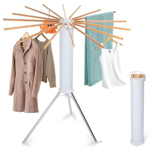 BQKOZFIN Tripod Clothes Drying Rack, Foldable Laundry Drying Stand Space Saving, Octopus Clothing Hanger with 16 Poles, Indoor & Outdoor Holder for Clothing (Wood)