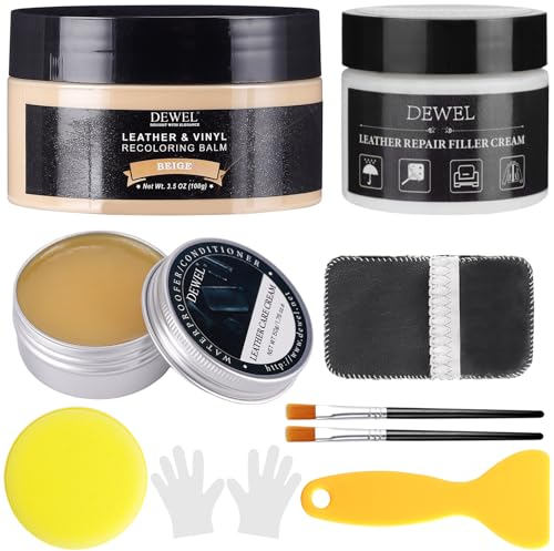 DEWEL Kit Réparation Cuir,100g Beige Peinture Cuir,50g Pâte Réparation Cuir,50g Entretien du Cuir,pour Fissures Rayures Trous de Canapés,Sièges d'auto, Sacs,Vêtements