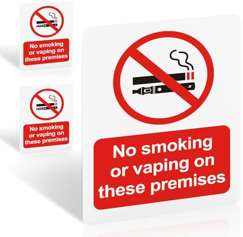 3 Pack No Smoking or Vaping On These Premises Signs, 100 x 75mm Vinyl | Self-Adhesive Vinyl, Waterproof UV Printed Matte No Smoking Sign For Offices, Shops And Rentals; EN ISO 7010 Compliant