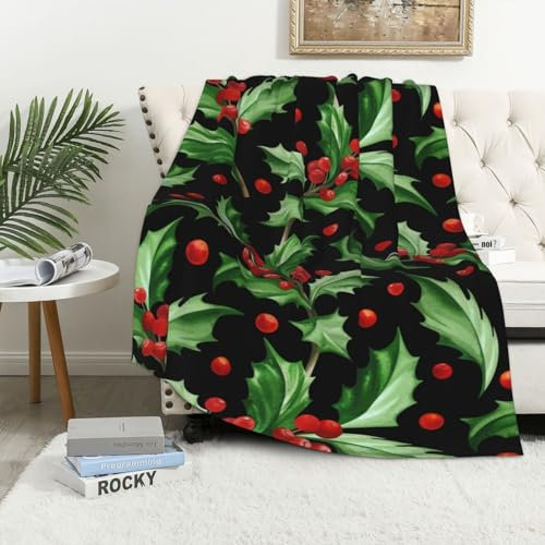 EgoMed Decke, weiche Decke, Flanelldecke für Schlafzimmer, Sofa, Bettwäsche 152 x 102 cm,Frohe Weihnachten, Holly