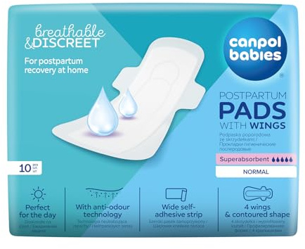 Canpol babies Postpartum-Binden mit Flügeln, ultra-saugfähig, weich und atmungsaktiv, breiter Klebestreifen (Tag, 10 Stück)