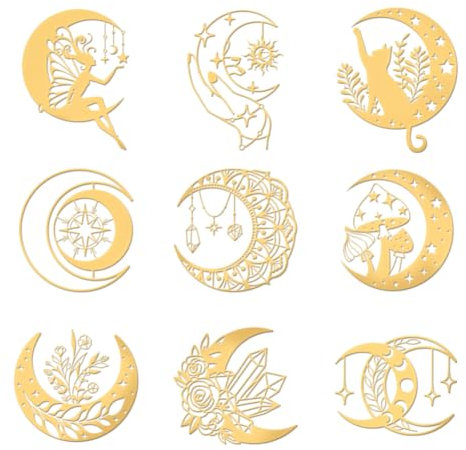 OLYCRAFT 9 Stück 4x4cm Mond Metallaufkleber Sonne Pilz Katze Selbstklebende Goldene Aufkleber Mond Motiv Metall Gold Aufkleber Für Sammelalben DIY Harz Basteln Telefon Wasserflaschen Dekor